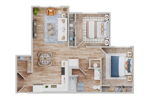 Floor plan for 2 beds, 1 bath, 807 sqft